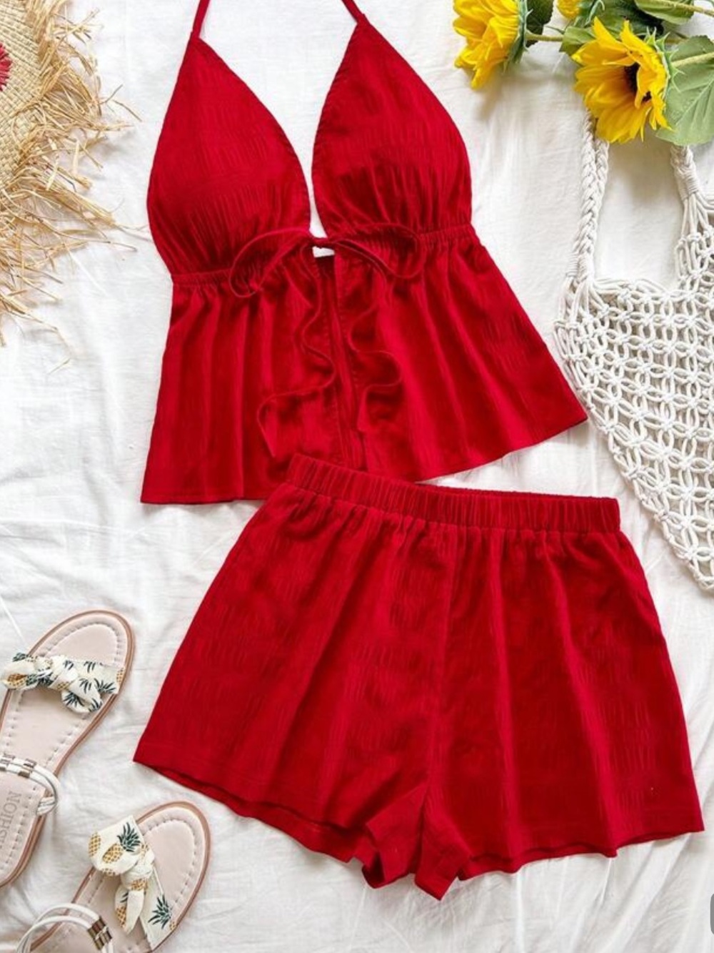 Women's Red Halter Cami & Shorts Sleep Set